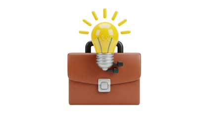 Briefcase with a glowing light bulb symbolizing a business idea on transparent background