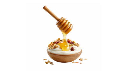 Golden honey being drizzled over creamy yogurt with crunchy granola for a healthy breakfast