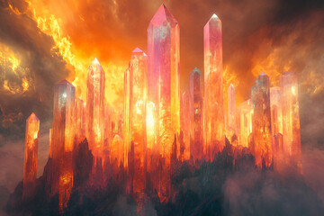 Generative AI depiction of glowing crystal spire city in clouds with vibrant colors in a fantasy science fiction alien world