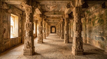 Ancient temple corridor with intricately carved stone pillars and walls