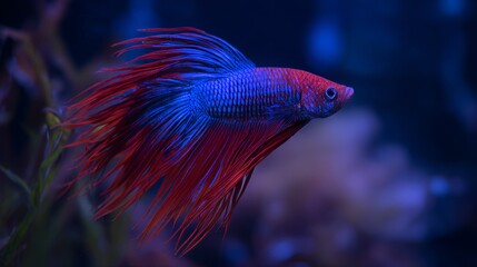 Obraz premium Blue red siamese fighting fish close up showing vibrant fins and elegant movement, dramatic color contrast, aquatic animal beauty for nature, aquarium, tropical wildlife and ornamental design use