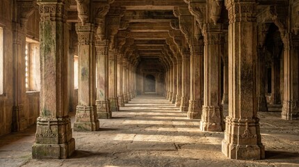 Ancient stone corridor with intricately carved pillars and archways in a historic building