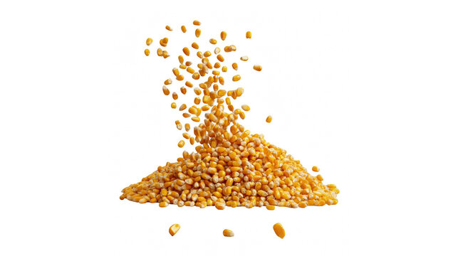 Yellow popcorn kernels falling and forming a vibrant golden heap on a dark background