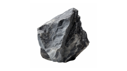 A single rough piece of dark grey rock, showcasing its natural texture and angular form on a plain background