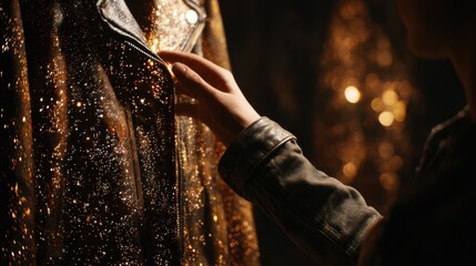 Medium shot of a person touching a leather jacket embedded with temperature sensors highlighting smart fabrics adaptive warmth control features.