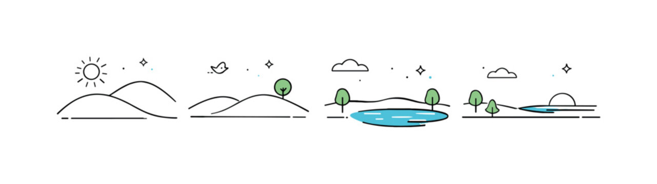 Serene Terrain Transformation. Changing terrain. Hills subtly morphing into softer forms, with minimal trees appearing and disappearing. Gentle visual story of