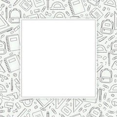 A white square frame on a seamless pattern of hand-drawn school supplies and stationery items, perfect for education-themed designs.