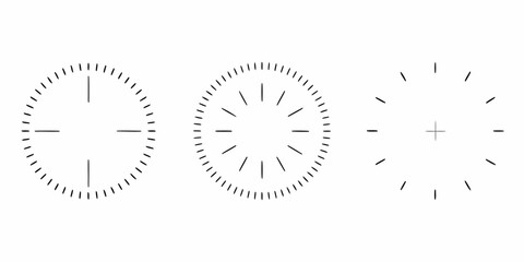 Three minimalist clock faces showing different times in a black and white image