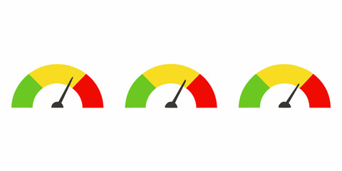 Colorful speedometer gauges displaying different levels of speed or performance