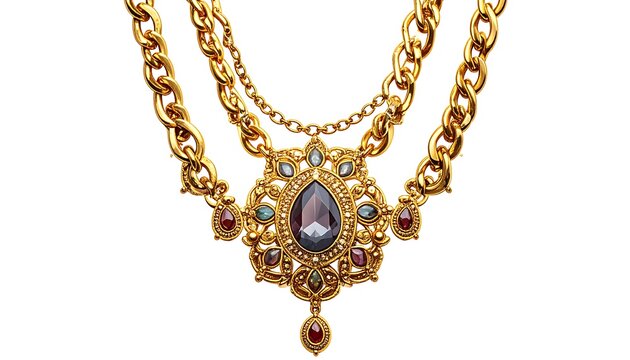 A close-up studio shot showcasing an ornate gold necklace with a large teardrop gemstone pendant and smaller colored jewels