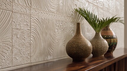 Midrange focus on a decorative incised design on ceramic blending animalinspired shapes with elegant repetitive patterns in deep etched relief.