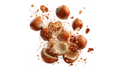 Delicious hazelnuts exploding into flavorful pieces, showcasing fresh nuts and their shells