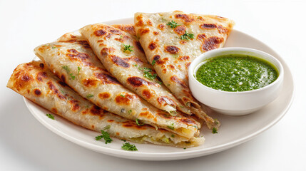 Delicious aloo paratha with green chutney isolated on white background, a popular indian flatbread dish made with potatoes