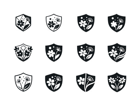 Spring Allergy Icons. Spring allergies. Icon set. Set Logo of spring allergies: immune shield. harmonious logo variations: Abstract geometric, Minimal outline,