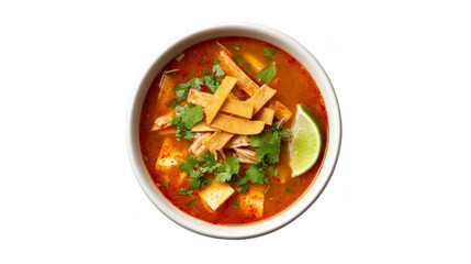 A vibrant and comforting bowl of chicken tortilla soup with crispy strips and a refreshing lime
