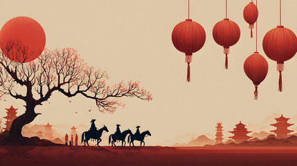 Authentic chinese new year background year of the horse early autumn festival street