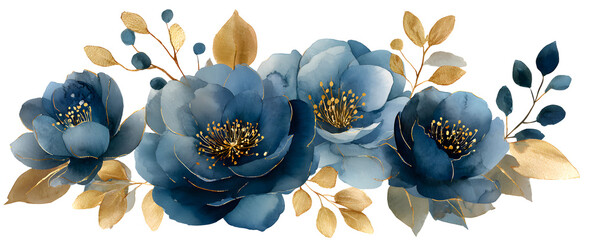 Set watercolor design elements of roses collection garden navy blue flowers, leaves, gold branches, Botanic illustration isolated on white background.