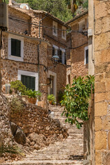 Picturesque narrow street in the Soller town, Mallorca, Spain