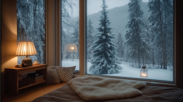 Cozy bedroom with snowy forest view through window