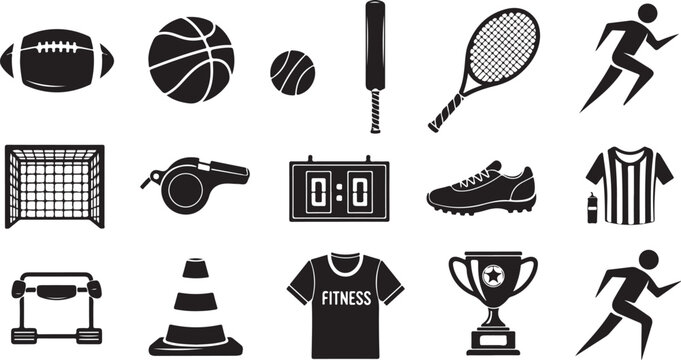 Collection of diverse black and white sports equipment and fitness icons set