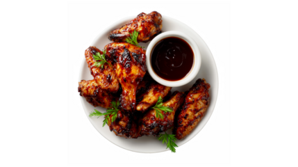 Delicious glazed barbecue chicken wings with fresh parsley and a rich dipping sauce