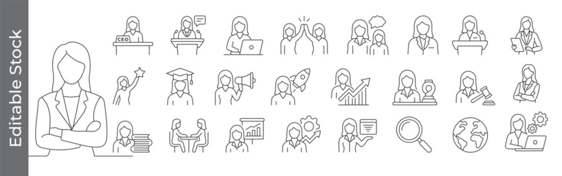 Businesswoman and female leadership icon set &ndash; editable outline symbols of CEO, manager, teamwork, success, education and empowerment