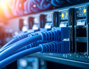 Close-up of blue Ethernet cables connected to a server