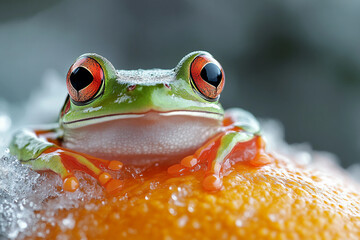 Generative AI image of a frog emerging from frozen ice after hibernation, closeup view of amphibian eyes
