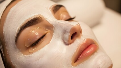 Naklejka premium Close-up of woman's face with white cosmetic facial mask during beauty treatment isolated on White Background