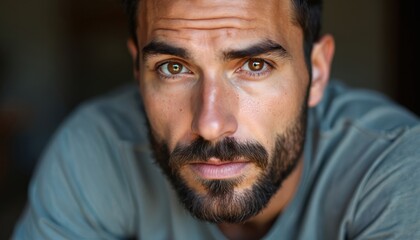 Man with short beard and brown eyes looks intently. His serious expression conveys deep thought and confidence. Casual gray shirt complements his natural, modern appearance. He appears calm.
