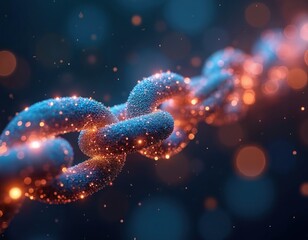 Abstract glowing chain link structure formed by tiny blue particles, orange light flares. Digital connection network data flow, futuristic technology. Interconnected elements form strong link in dark.