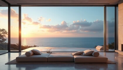 Modern living room faces vast ocean view at sunset. Empty contemporary space minimalist sofa, plush cushions. Large windows frame calm sea, colorful sky, inviting relaxation. Estate luxury interior.