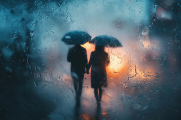Obraz premium Generative AI romantic couple walking under umbrella during heavy rain on quiet forest city park street road