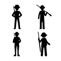 Four simple black silhouette icons of soldiers with rifles in various poses, ready for duty