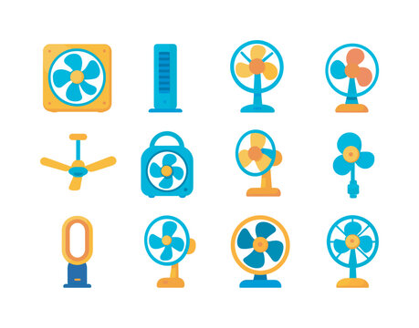 Colorful Fan Icons. Electric fans. Colorful flat vector icons set of electric fans: box fan, tower fan, pedestal fan, table fan, ceiling fan, camper fan,