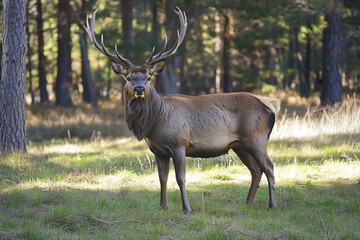 Generative AI image of wild elk deer scenic mountain forest view in summer cloudy sky and natural landscape