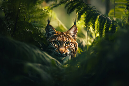 Generative AI image of majestic lynx wild cat resting in shade of tree in peaceful summer forest surrounded warm natural light