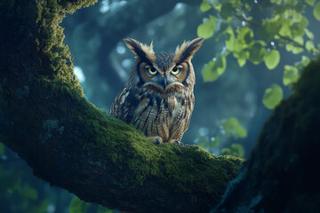 Generative AI image of a wild owl perched on mossy tree branch at night in a mystical summer forest with glowing blue light