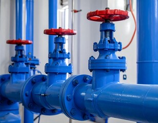 Close-up of blue pipes with red valves, showcasing industrial elements
