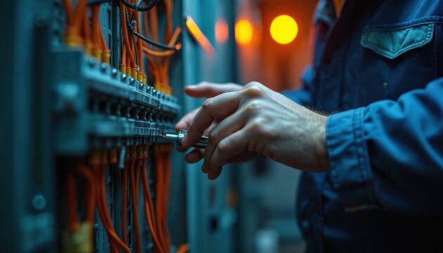 Man works with orange cables connected to electrical panel. He uses tool for connection setup. Focus on hands and wires. Industrial setting. - Powered by Adobe
