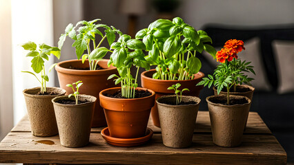 Obraz premium Potted plants arranged on a wooden table in a cozy living room setting with natural light