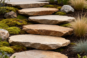 Stone pathway through a lush garden with moss and ornamental grasses