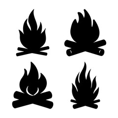 A collection of four distinct black silhouette campfire icons, perfect for camping and outdoor designs