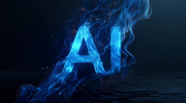 Glowing AI Logo in Dark Digital Space with Swirling Blue Data