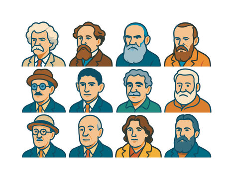 Iconic Author Portraits. Iconic authors. Colorful flat vector icons set of Iconic authors: Mark Twain portrait, Charles Dickens portrait, Leo Tolstoy portrait,
