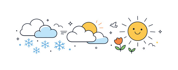 Seasonal Weather Transition. Cold to warm weather change. Clouds, snowflakes, and sun arranged in a smooth horizontal transition. Friendly editorial