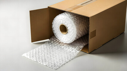 Bubble wrap roll inside cardboard box with wrapping material spilling out onto surface