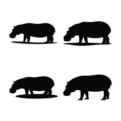 Four black hippopotamus silhouettes isolated on white, showcasing various poses of the large mammal