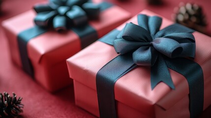 Elegantly wrapped gift boxes with satin ribbons and bows on a red background, festive and luxurious presentation.