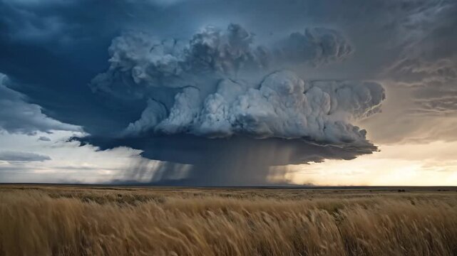 Dramatic Supercell Thunderstorm Over Vast Open Field During Golden Hour.